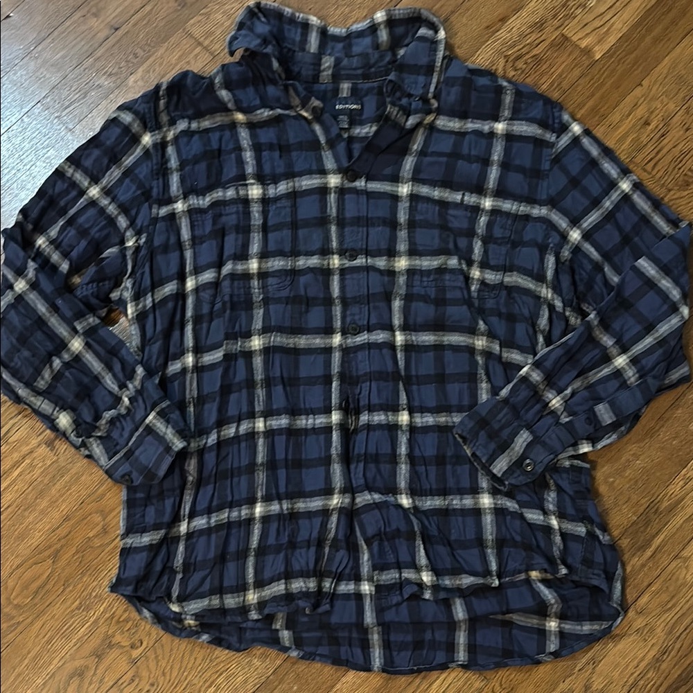 Basic Editions Navy and Gray 100% Cotton Plaid Shirt, Women’s Size XL